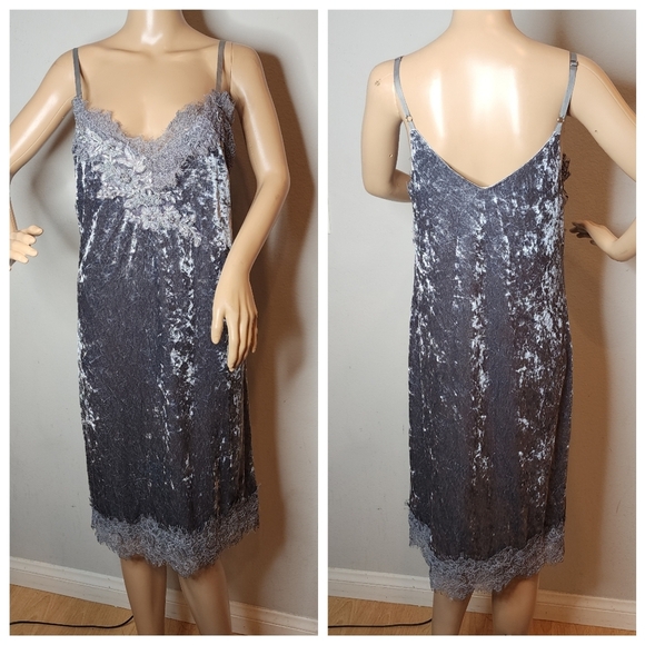 NWT Anthropologie Tessie Grey Velvet Lace Embroidered Sleeveless Slip Dress Sz M - Picture 6 of 16